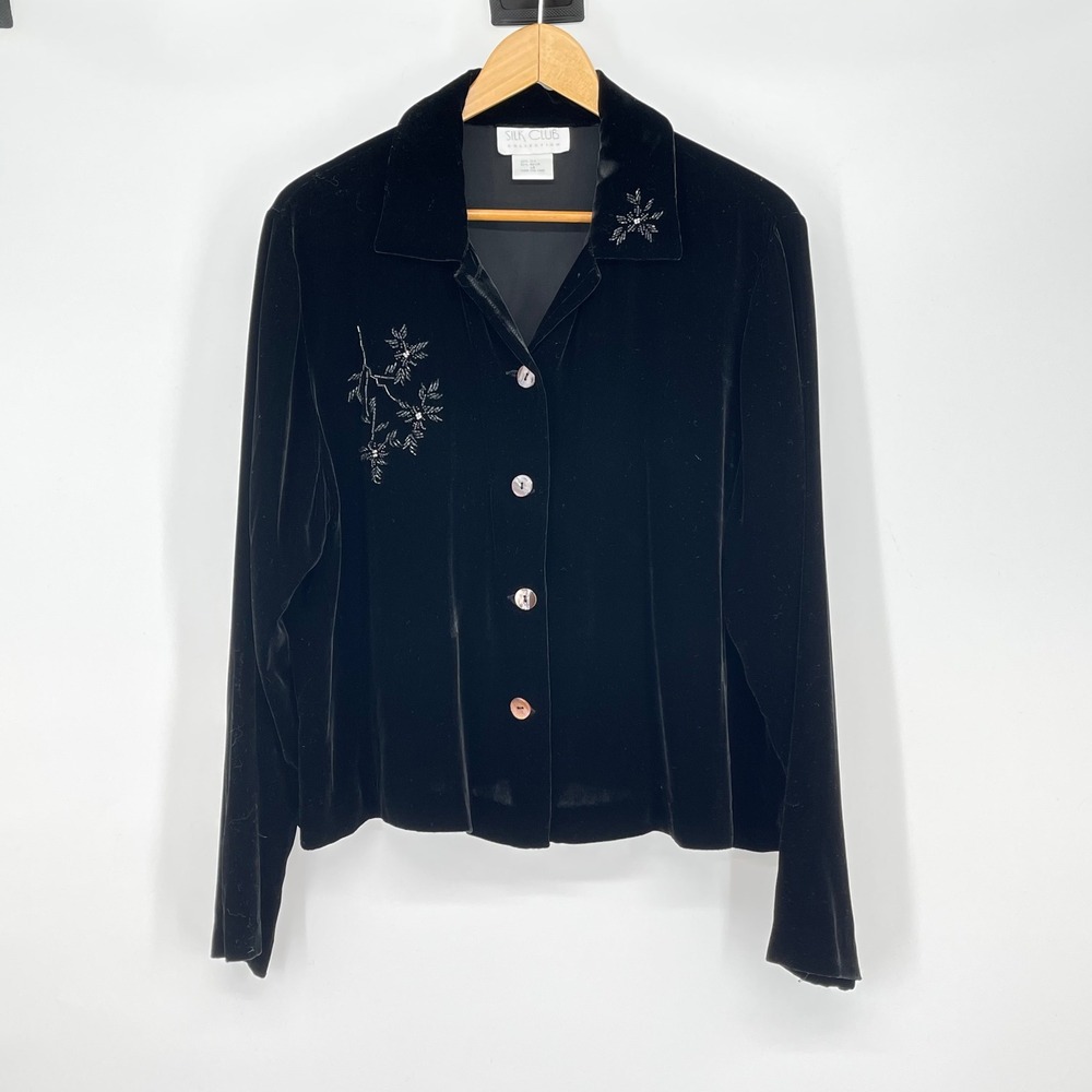 Vintage Silk Club Velvet‎ Beaded Button Down Jacket Black Size 14 Holiday Party